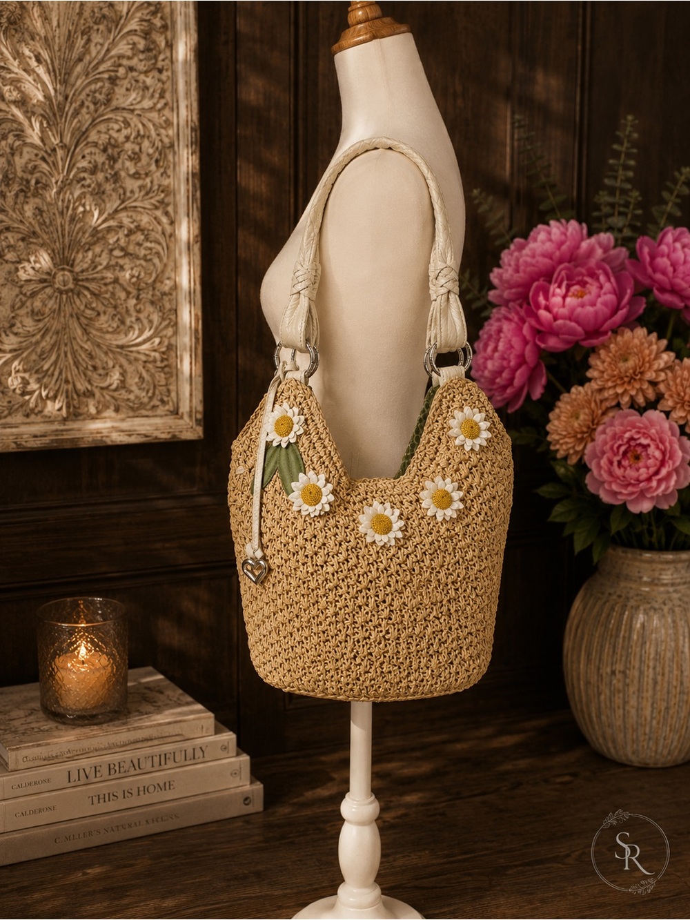 Brighton Madagascar Daisy Raffia Straw Shoulder Bag Purse Floral Details - Picture 3 of 13
